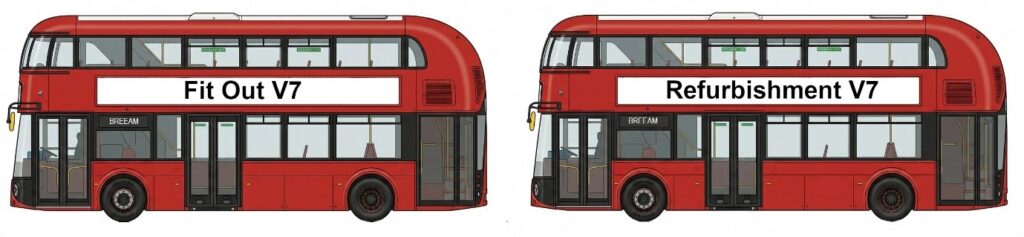 Two red double-decker buses, one with "Fit Out V7" and the other with "Refurbishment V7" on its side.